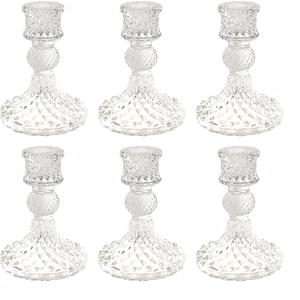 Glass Candlestick Holder,Striped Taper Candle Holders,Set of 6 Candle Stand for Table Centerpieces, Home Decor,Weddings,Festival and Parties (Clear Dimond Pattern)