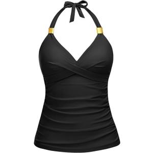 Yonique Women's Halter Tankini Top V Neck Swim Top Tummy Control Bathing Suit (XX-Large, Black03)