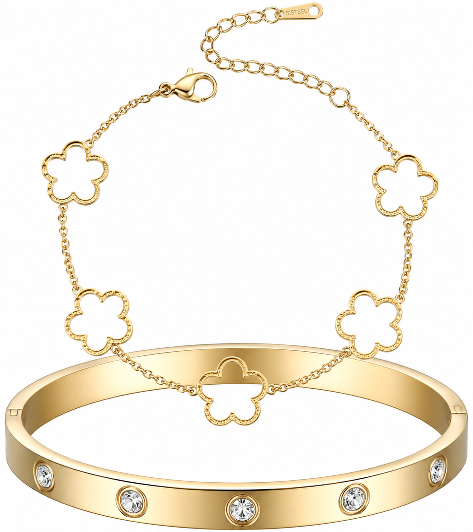 Gold Stackable Bracelets for Women 18K Gold Plated Floral Bracelet, Stainless Steel Bangle Bracelets Trendy Jewelry as Gifts for Women