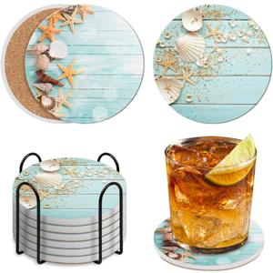 Coasters Set of 6 with Holder,Coastal Themed Beach Lover Gifts for Her.Absorbent Ceramic Drink Coasters with Cork Base for Tabletop Protection Home Decor & Housewarming Gifts for New Home