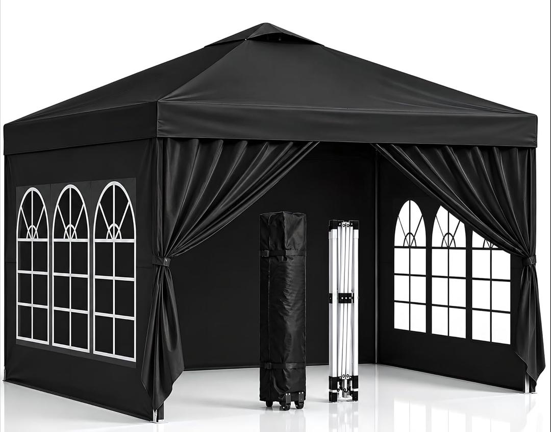 10x10 Pop Up Canopy with Sidewalls- Portable Sun Shade Beach Tent, Gazebo Heavy Duty with Cover Wheeled Bag, Ideal for Parties, Backyard, Camping (Black)