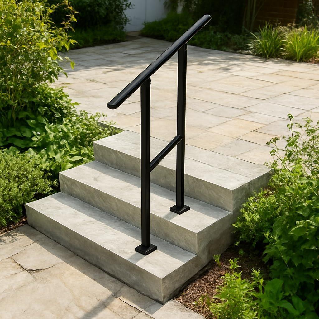 GarveeLife Hand Rails for Outdoor Steps, 2 Step Adjustable Black Handrail & Indoor Stair Railing Kit, Metal Porch Stair Railing for Porch Deck Garden and Concrete, 1 Pack