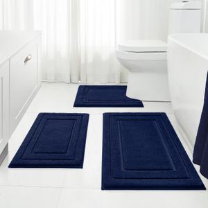 HOMEIDEAS Bathroom Rugs Sets 3 Piece, Super Soft and Absorbent Non Slip Microfiber Toilet Bath Mat with U-Shaped (Navy Blue) (1'4" x 2'8" (16"x24"+20"x32"+U Shape 20"x24"))