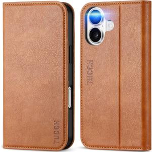 TUCCH Case for iPhone 16, PU Leather Flip Wallet Stand Folio Cover with [RFID Blocking] [3 Credit Card Slot] Shockproof [Soft TPU Interior Case] Compatible with iPhone 16 2024, Light Brown