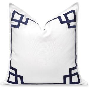 Hofdeco Premium Coastal Patio Indoor Outdoor Throw Pillow Cover Only, 20"x20" Water Repellent for Backyard, Couch, Navy Blue Embroidered Frame Greek Key