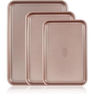 SS&CC Nonstick Baking Sheet Pan Set of 3, 0.8mm Carbon Steel Cookie Sheets for Oven - Half/Quarter/Jelly Roll Pans with Diamond Texture, PFOA-Free & Oven Safe (17.5x12, 15.5x10.2, 13.5x9.5 Inch) (Gold)