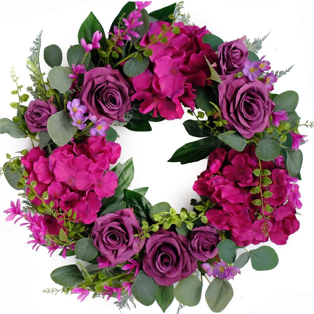 Artificial Purple Rose Wreaths 20 inches Front Door Wreath with Hydrangea Green Leaves Artificial Spring Wreaths Valentines Mother's Day Wreath for Wall Wedding Party Home Decor (Purple)