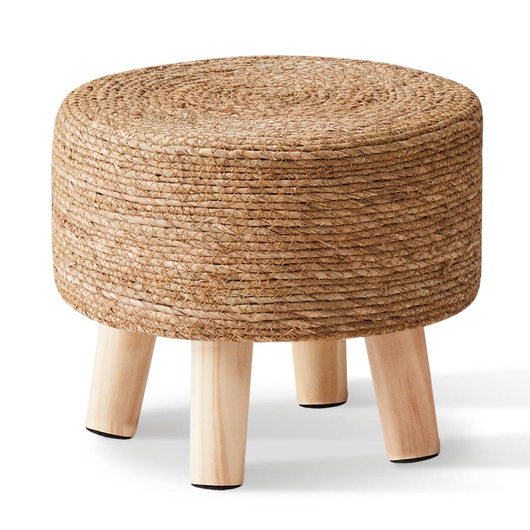 Cpintltr Foot Stool Natural Seagrass Hand Weave Poufs Round Ottoman for Couch Desk Soft Step Stool Padded Foot Rest with Non-Skid Pine Legs for Hallway Office Lounge Natural