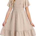 Blibean Tween Girls Summer Dresses Kids Polka Dot Dress Size 6-7 Years (Beige)
