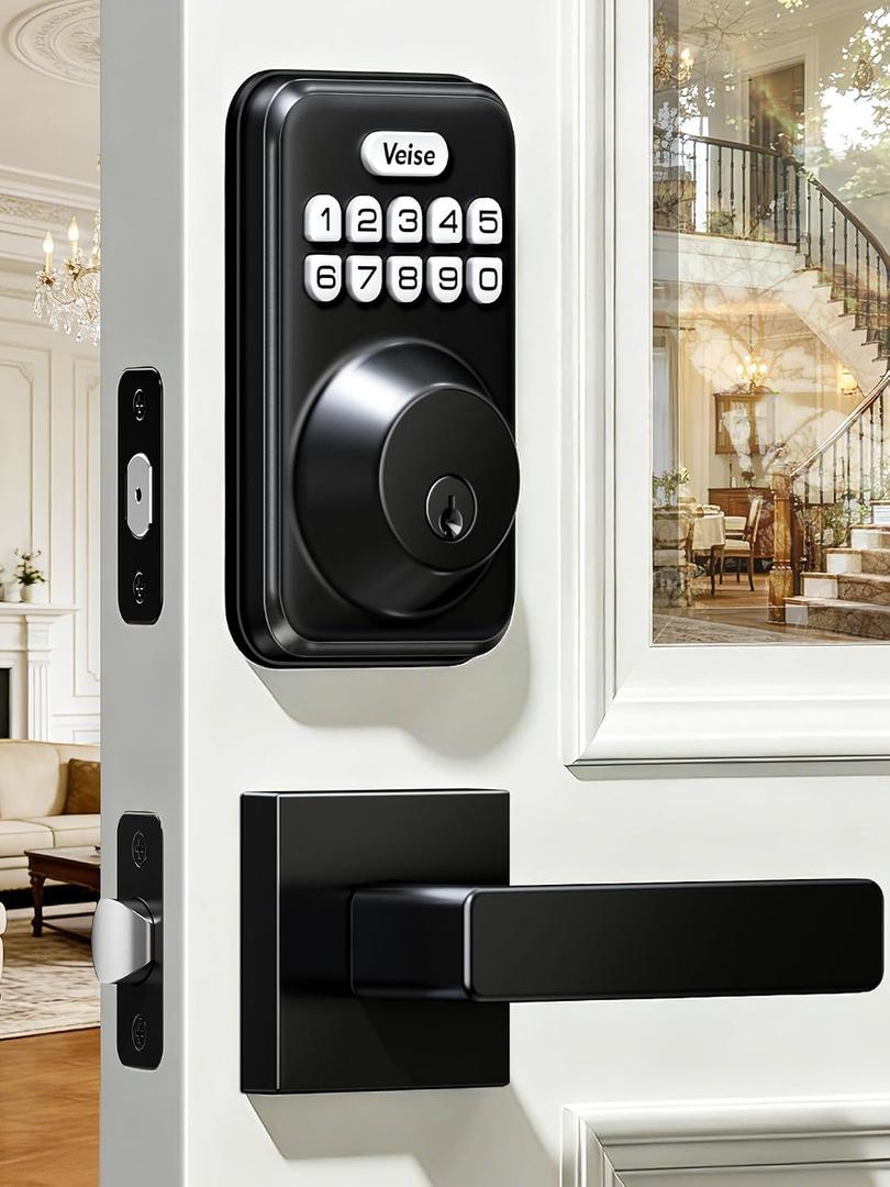Veise Keyless Entry Door Lock with 2 Lever Handles, Electronic Backlit Keypad Deadbolt Set for Front Door, Smart Digital, Anti-Peeping & One-time Code, Auto-Lock, Easy Installation, Matte Black
