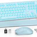 Wireless Keyboard and Mouse Combo, Backlit Round Keycaps, Retro Typewriter Keyboard with Detachable Wrist Rest, Rechargeable & Tilt Legs, 2.4GHz Cordless Connection for Windows/PC (Glowing Blue)