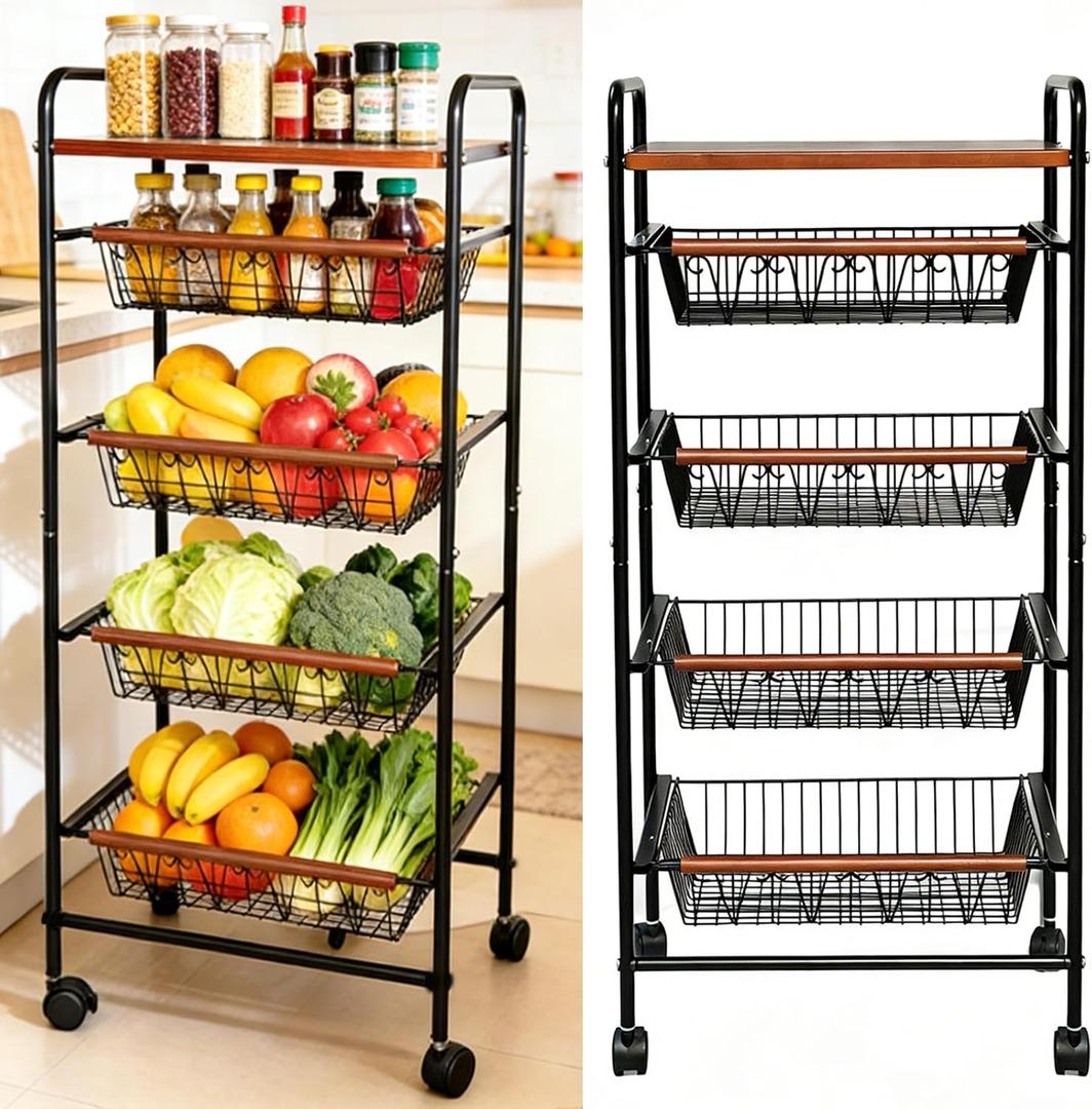 SWEETBLOOM Fruit Vegetable Storage Cart for Kitchen, 5-Tier Vegetable Stand Rack with Pull-Out Fruit Baskets, Rolling Snack Cart with Wood Top for Pantry, Living Room, Bathroom, 18.92 x 9.07 x 12.61 inches