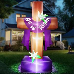 8 Ft Easter Inflatable Cross Outdoor Decoration, Blow Up He is Risen Yard Decorations with Built-in LED Lights Easter Party Decor Yard Garden Lawn Indoor Outdoor Home