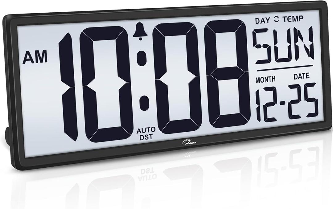 WallarGe Backlight Digital Wall Clock Battery Operated - with Temperature and Date 14.5'' Large Digital Wall Clock, Easy to Read and Set, Auto DST (Black)