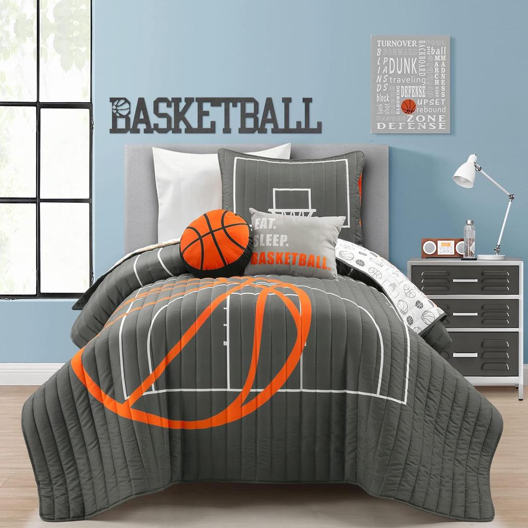 Lush Decor Basketball Game Reversible Quilt Twin Size 4 Piece Set, Charcoal - Kids Bedding Set - Twin Size Quilt - Sports Dcor