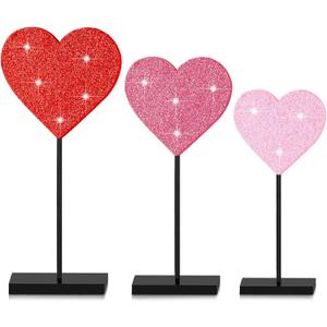 Spiareal 3 Pcs Valentines Day Heart Wooden Sign on Stand Heart Shape Tall Standing Table Signs Love Farmhouse Decorations for Valentines Day Table Party Centerpiece(Red White Pink,Vivid)