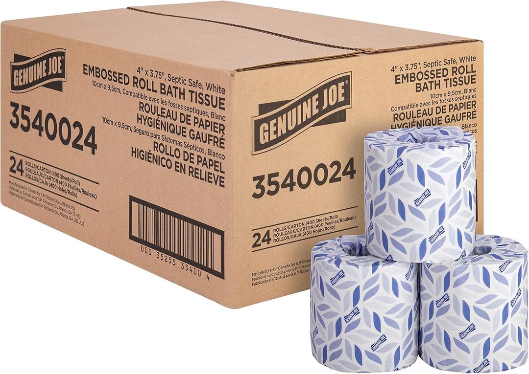 Genuine Joe Embossed Bath Tissue, 2-Ply, Septic Safe, Individually Wrapped, 4" x 3.75", 400 Sheets/Roll, 24 Count