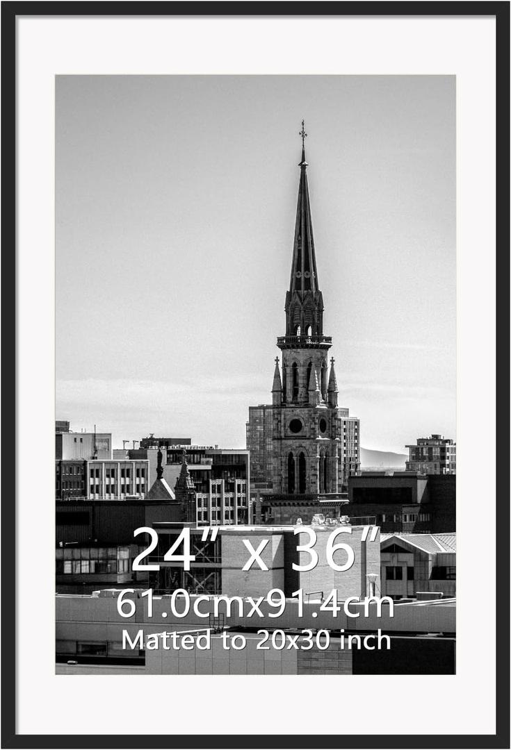 Hoikwo 24x36 Black Plastic Frame with Plastic Cover, Display Pictures 20x30 with Mat or 24x36 Without Mat, 1 Pack 24 by 36 Frame for Wall Hanging, 24x36 matted to 20x30