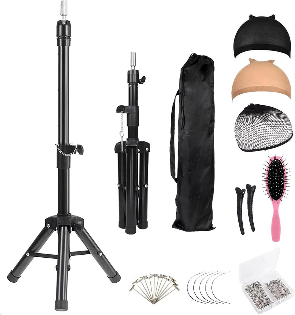 Generic Wig Stand Tripod 40"" Heavy Duty Reinforced Adjustable Mannequin Head Stand Tripod for Styling Cosmetology Hairdressing Training, Metal Wig Head Stand Holder with Wig Caps,Paddle Comb T-Pins