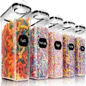 PRAKI 5PCS Cereal Containers Storage Set, BPA Free Airtight Food Storage Container Set with Lids, Kitchen Pantry Organization and Storage for Sugar, Baking Supplies with 20 Labels & Mark(4L Black)