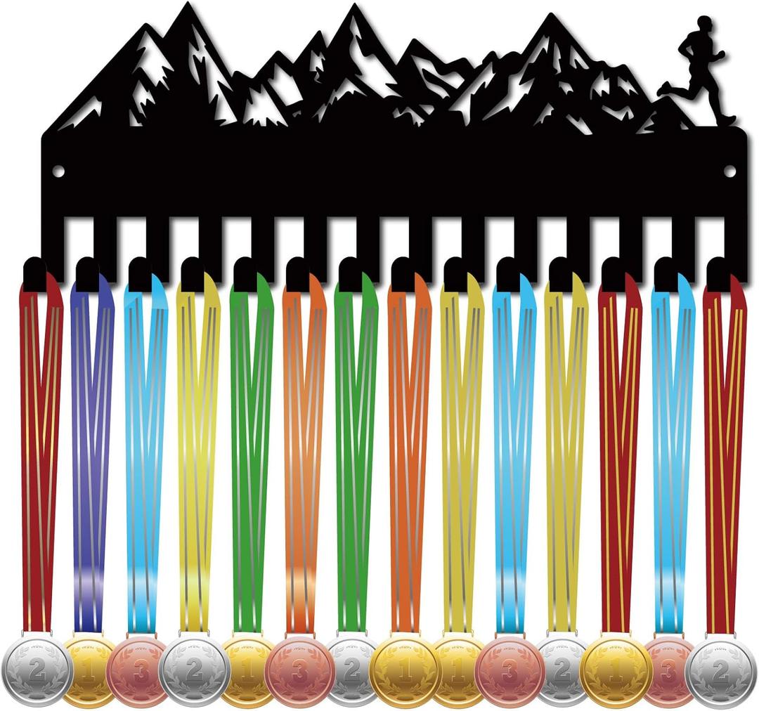CREATCABIN Run Medal Holder Hanger Medals Display Rack Black Metal Iron Small Mountain Medal Shelf Plaques Hangers Organizer Medal Frame Wall Mounted with 14 Hooks for Award Ribbon 11.4x5Inch