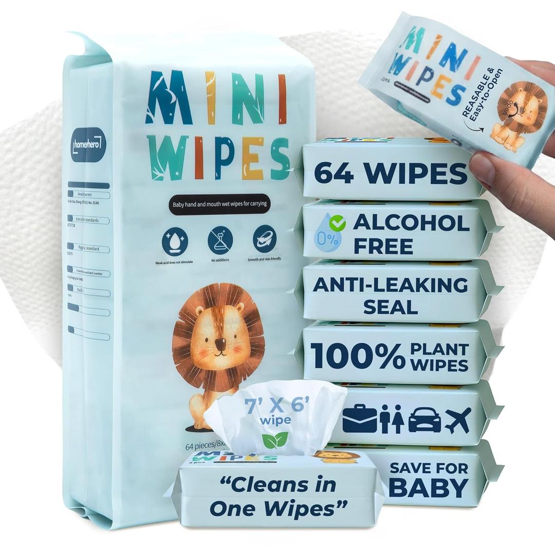 Travel Baby Wipes - 100% Plant-Based Bamboo, Safe for babies & Sensitive Skin, Alcohol & Fragrance Free, Hypoallergenic, Travel Wet Wipes, Resealable, Leak-proof design, 64 Wipes (Sky Lion) (8 Count (Pack of 8))
