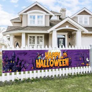 Halloween Decorations Outdoor Yard Banner Happy Halloween Purple Pumpkin Ghost Fence Banner 118x20 Inch Haunted Tree Moon Scene for Garden Porch Wall Party Decor