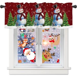 Christmas Valance for Window - Snowman Toppers Curtain Valance Rod Pocket Xmas Tree Bird Falling Snowflake Dreamlike Red Window Treatment for Living Room/ Bedroom/ Farmhouse, 52" W x 18" L, 1 Panel