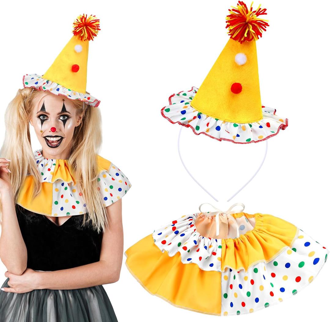2 Pcs Halloween Clown Costume Set Jester Hat Headband Ruffle Collar Accessory Joker Outfit for Halloween Cosplay (Rainbow)
