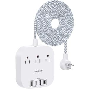 Power Strip with USB C, 3 Outlets 4 USB Ports (22.5W/4.5A) Desktop Charging Station, Flat Plug, 15ft Braided Extension Cord, Non Surge Protector for Travel, Cruise Ship, ETL Listed (White)