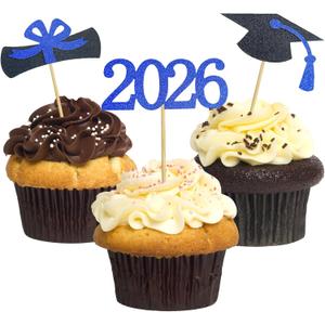 3 x Graduation Cupcake Toppers 2026,48 PCS Graduation Decoration,Class of 2026 Food Appetizer Picks,Graduation Party Supplies/Food Appetizer Picks Mini Cake Decor (Blue)