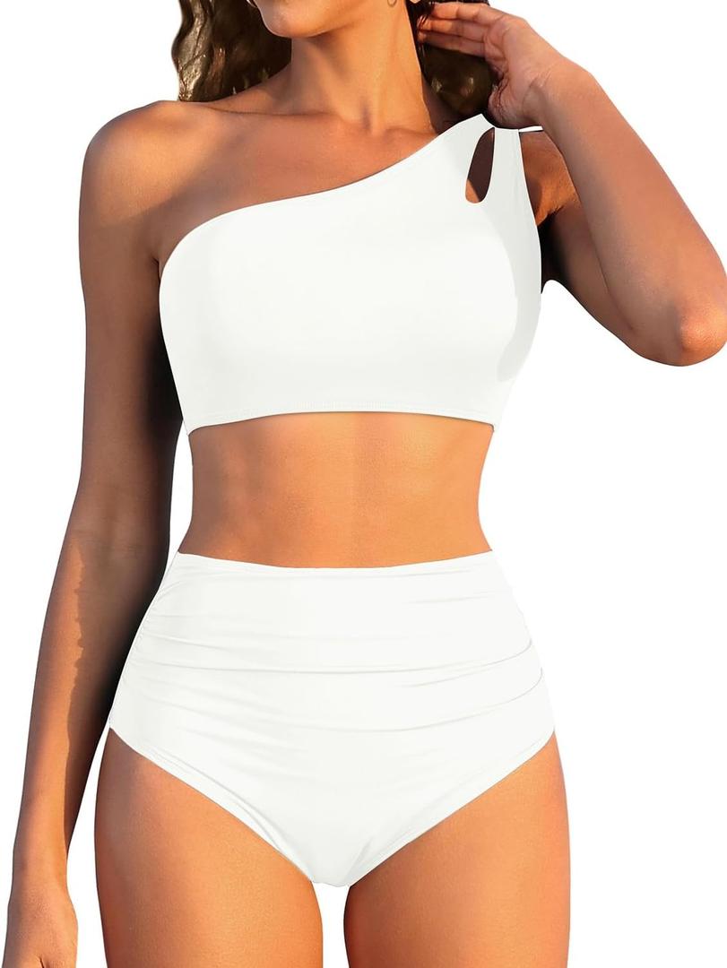 Women High Waisted Bikini - One Shoulder Bathing Suit Tummy Control Two Piece Swimsuit 2025 (Large, White)