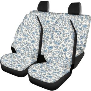 Retro Floral Print Car Seat Covers Full Set for Women Boho Blue Flower Seat Protector Cover Nonslip Car Decor Accessories for Vehicle Car SUV Truck, White