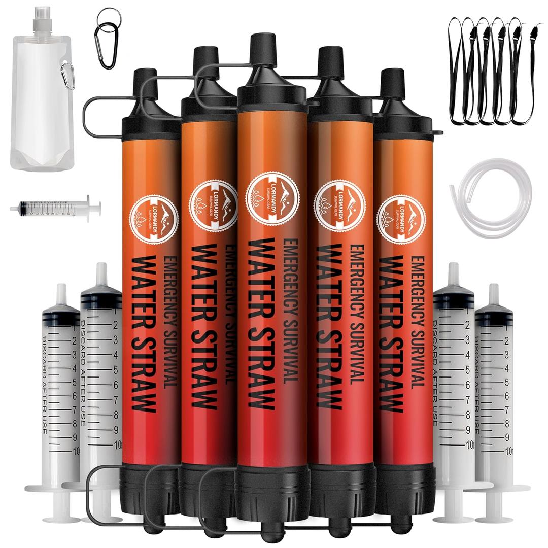 Straw Water Filter 5 Pack Outdoor Camping & Hiking Survival Gear Kit for Family Use, Ultra-Light Personal Filter Straws for Backpacking, Travel, Bug-Out Bags and Emergency Preparedness