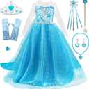 FUNPARTY Princess Costumes Dress Up for Little Girls with Wig,Crown,Mace,Gloves Accessories Age of 3-12 Years (Blue)