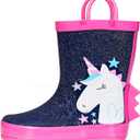 K KomForme Kids Rain Boots Waterproof Printed Rubber boots with Handles (12 Little Kid, Glitter Unicorn Star)