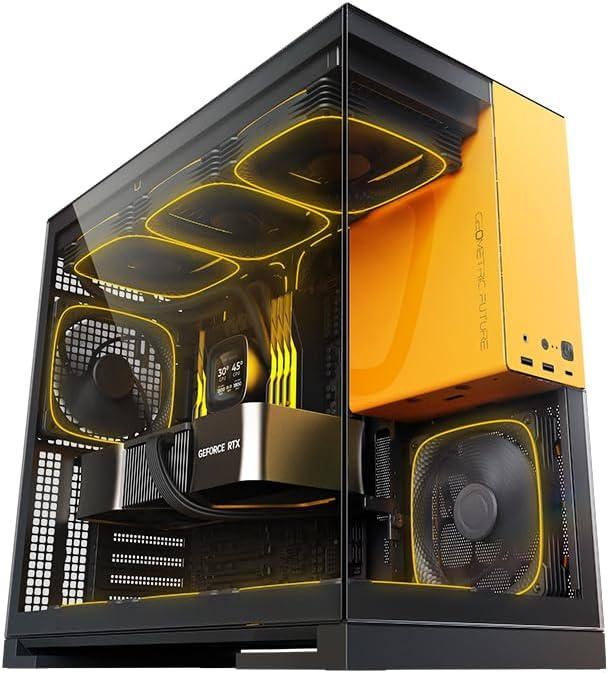 Geometric Future M5 Tempered Glass Mid Tower, E-ATX/ATX Gaming Case, 1.2mm Steel, Type C, Toolless Panels, Support 420/360 Radiator, ARGB PWM 140m Fan x 5 Pre-Installed, Black/Yellow, GEO-M5F-BY
