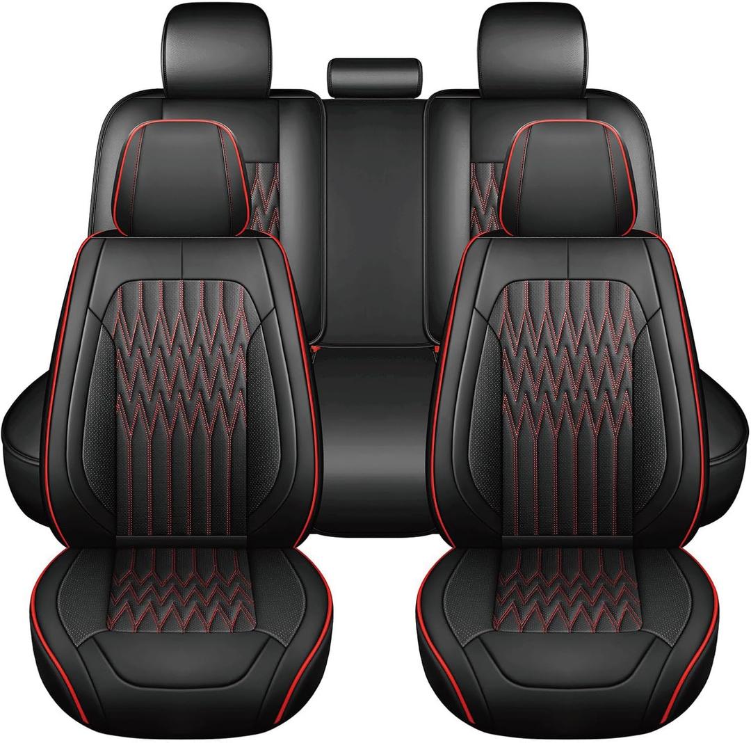 Huidasource Black & Red Car Seat Covers, Waterproof Faux Leather Universal Fit Most Cars Sedans SUVs Trucks Airbag Compatible, Cup Holder Access, Car Seat Compatible, Easy Install, Wipes Clean