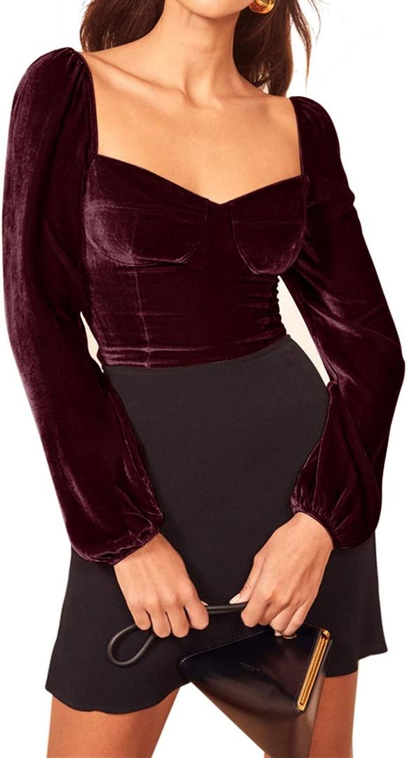 R.Vivimos Women's Fall Velvet Long Sleeves Square Neckline Casual Vintage Crop Tops Blouse (X-Large, WineRed)