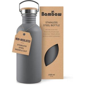 Bambaw 32 oz Non-insulated Stainless Steel Water Bottle - Gray Metal, Reusable & Portable, BPA Free - Stormy Gray