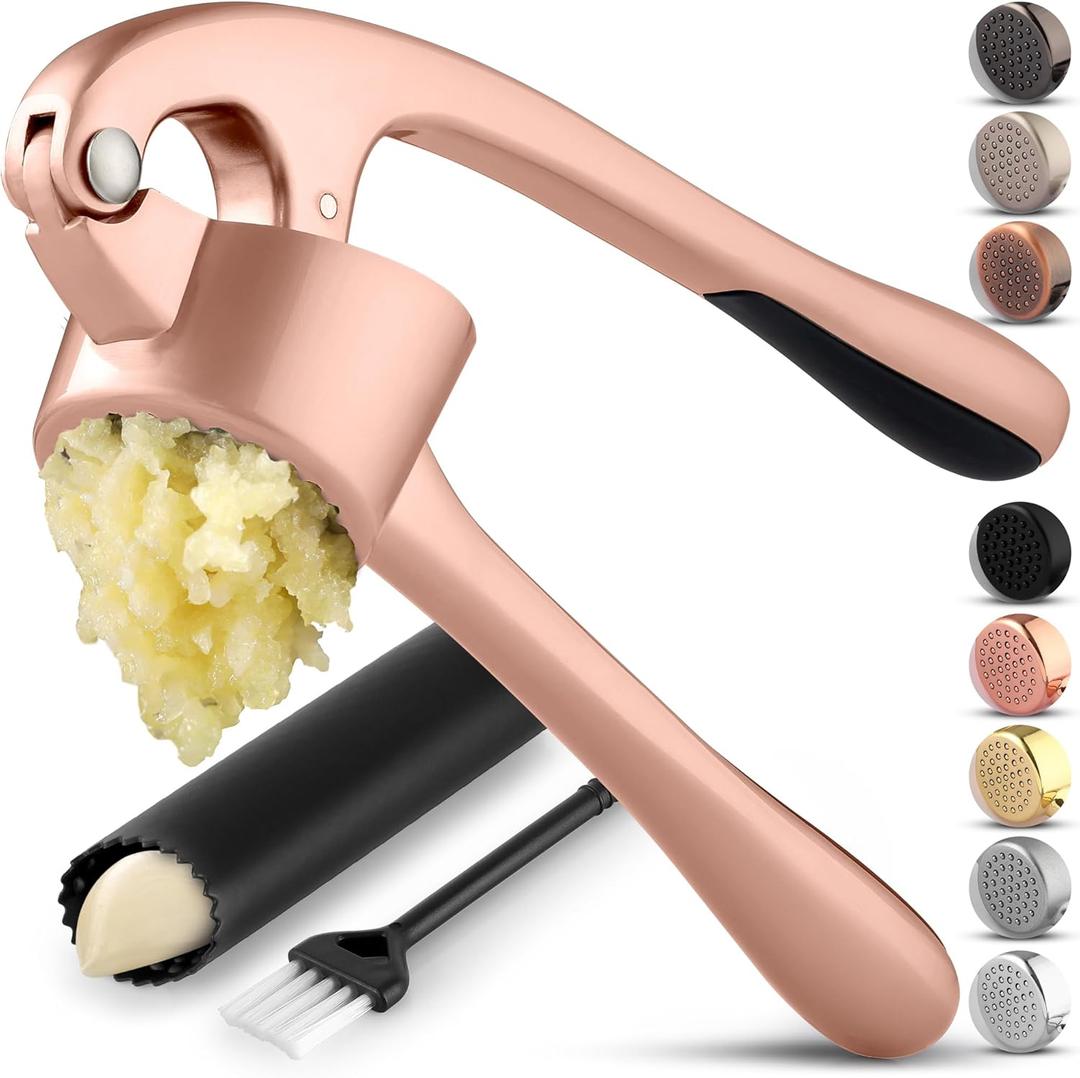 Zulay Kitchen Premium Garlic Press Set - Rust Proof Professional Garlic Mincer Tool - Easy-Squeeze, Easy-Clean with Soft Handle - Silicone Garlic Peeler & Brush (Rose Gold), Large
