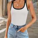 ZESICA Women's Summer Ribbed Color Block Tank Tops Casual Knit Scoop Neck Sleeveless Shirts Off White XL 