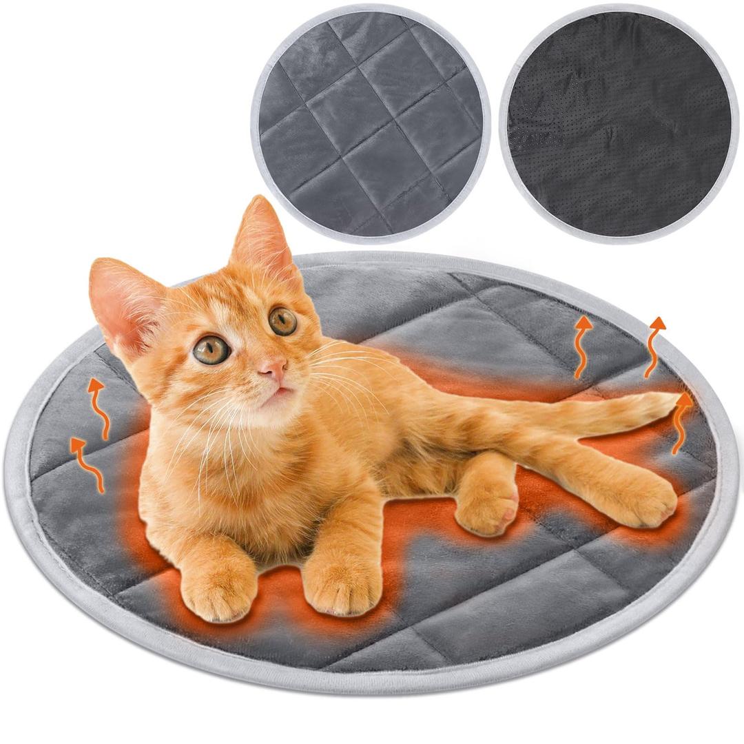 Drydiet 2 Pcs Self Warming Cat Mat Round Self Heating Pad Bed Reversible Machine Washable Heated Bed Anti Slip Warming Pad Pet Mat for Cat Crate Indoor Outdoor(Gray,14 Inch)