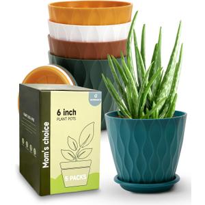 6 Inch Indoor Planter Pots with Drainage Hole and Tray Saucer,Flower Pots for Indoor Outdoor Garden Plants and Flowers, Multicolor, 5 Packs