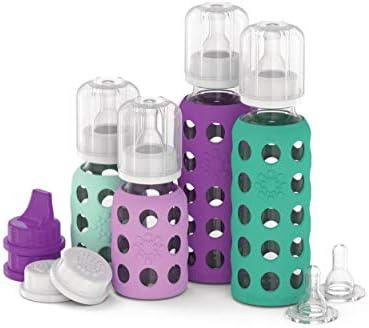 Lifefactory Baby Bottle Starter Set 10-Piece | 4 oz Mint & Lavender, 9 oz Kale & Grape | Includes Flat Caps, Sippy Caps, Stage 2 Nipples