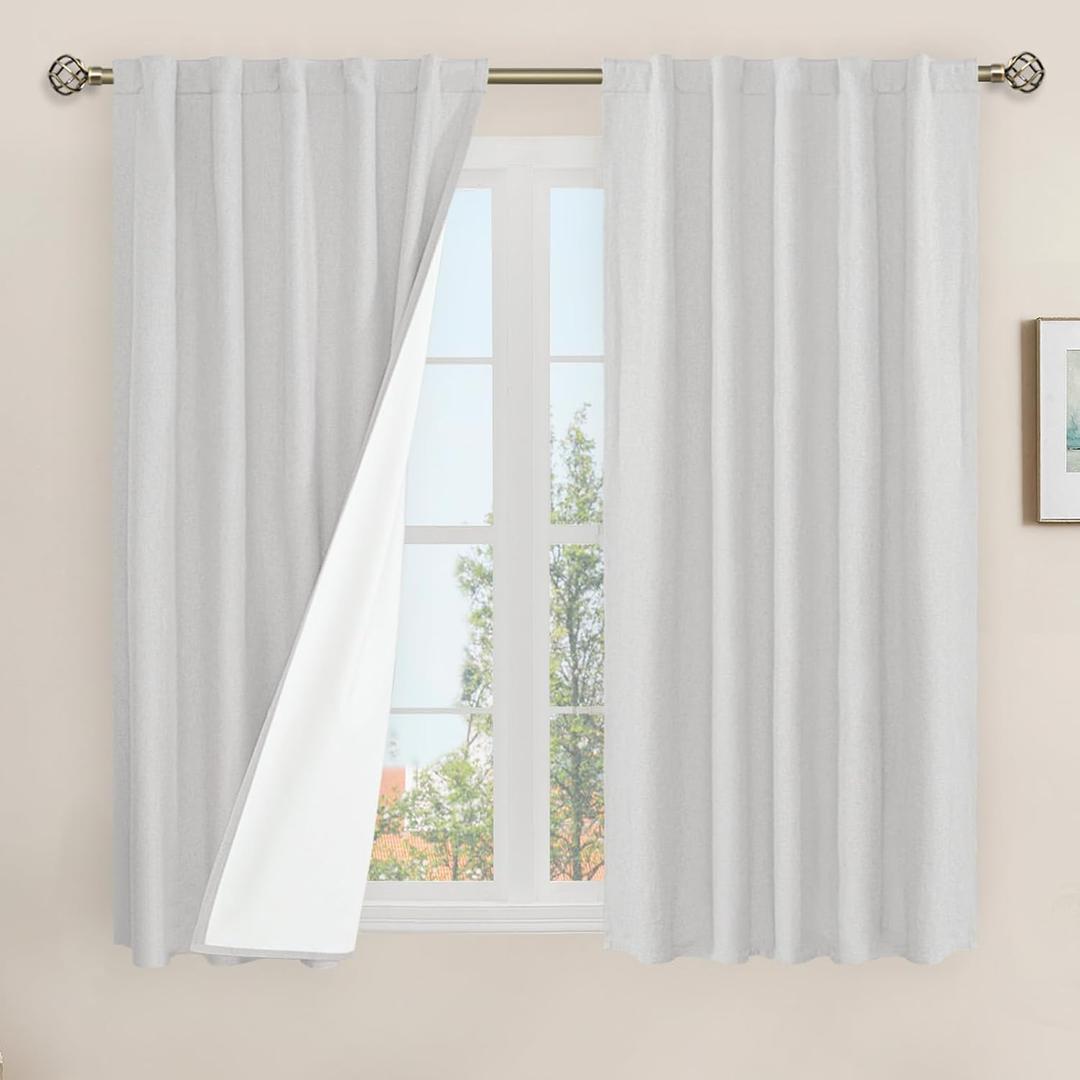 LAMIT 100% Blackout Short Linen Curtains, 48 Inch Length Linen Textured Thermal Curtains Back Tab and Rod Pocket Neutral Panels with White Liner for Small Window, 2 Panels, 42 x 48 Inch, Light Grey