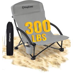 KingCamp Low Beach Chair, High Back Folding Camping Chair for Adults, Oversized Breathable Mesh Seat, 300lbs Heavy Duty Portable Chair with Cup Holder & Storage Pockets for Beach, Outdoor