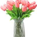 10-Heads Artificial Flowers PU Mini Real Touch Tulip Bouquets for Home Wedding Party Centerpiece Decoration (Gradient Coral)