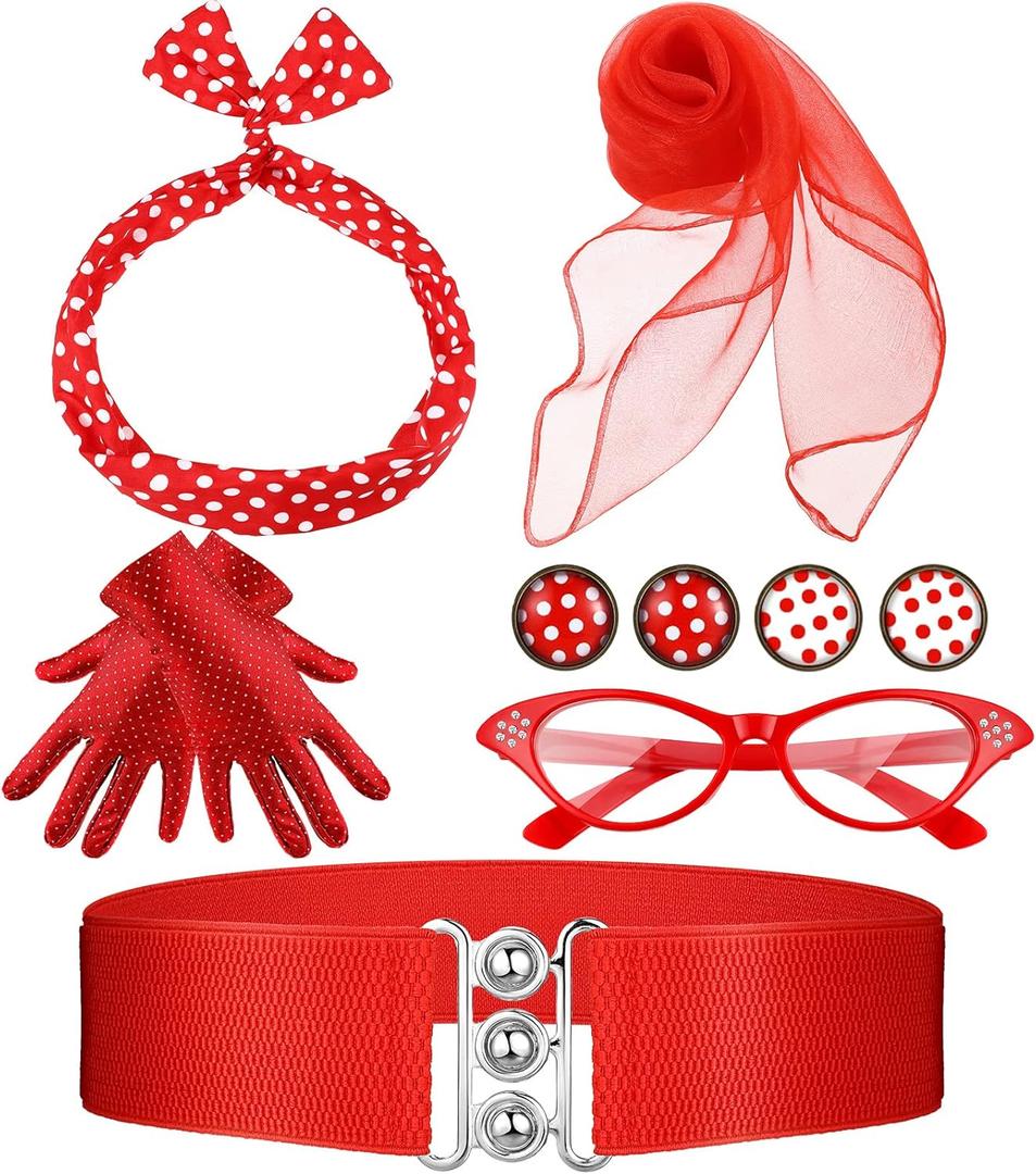 Newcotte 1950's Womens Costume Accessories Scarf Polka Dot Cat Eye glasses Bandana Tie Headband Earrings Gloves Waistband (Red) Newcotte 1950's Womens Costume Accessories Scarf Polka Dot Cat Eye glasses Bandana Tie Headband Earrings Gloves Waistband (Red)