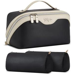 BOYATU Travel Makeup Bag Organizer Cosmetic Bag: 3 Pcs Set Make up Bags for Women with Handle - Waterproof Vegan Leather Toiletry Bags with Comparments (D-03-Black)